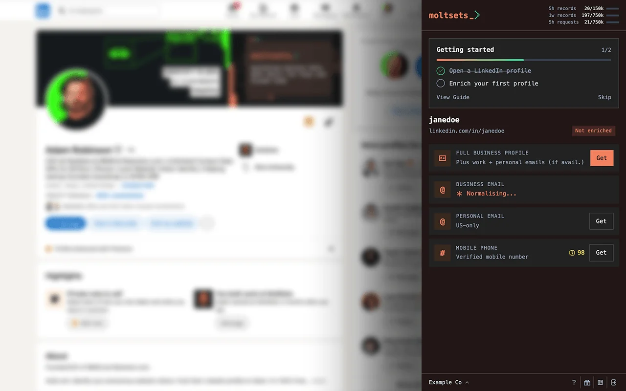 Side panel on a LinkedIn profile listing four lookups: full business profile, business email, personal email and mobile phone